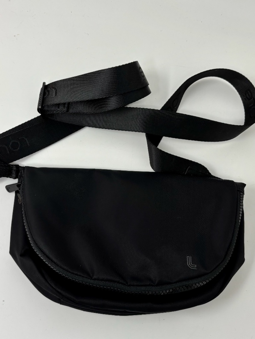 Lole Unisex Crossbody Bag Purse Black Wide Logo Strap Double Zipper Snap Closure